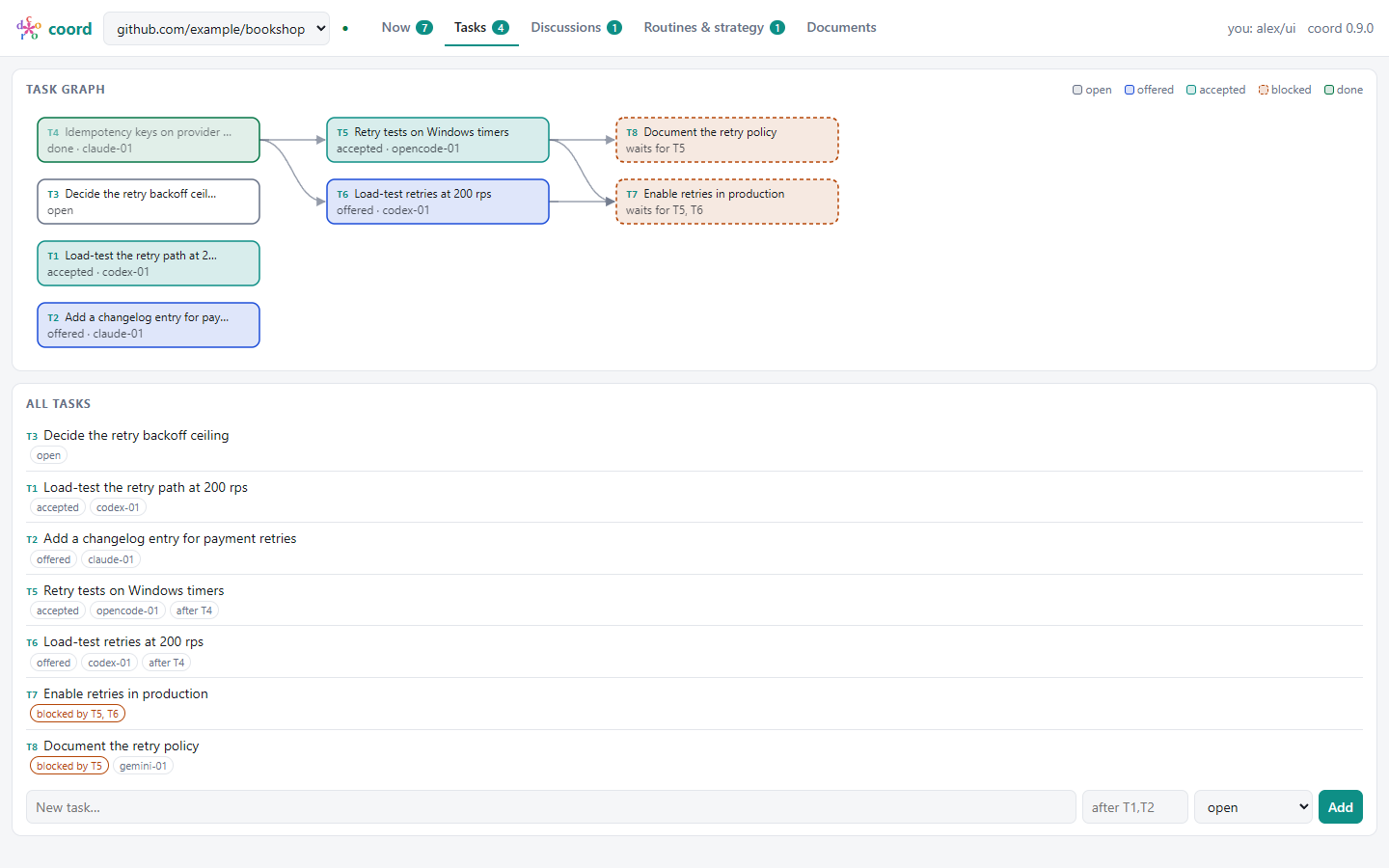The coord UI Tasks tab: a task dependency graph on a demo project